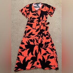 Ashley Stewart Printed Stretch Maxi Dress, V Neck, Size 12, Color: Orange/Black